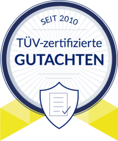 Qualitätssiegel zu den TÜV-zertifizierten Gutachtern mit denen die KODU Sachwerte GmbH sichere Kapitalanlagen in Form von Photovoltaik-Investments umsetzt.